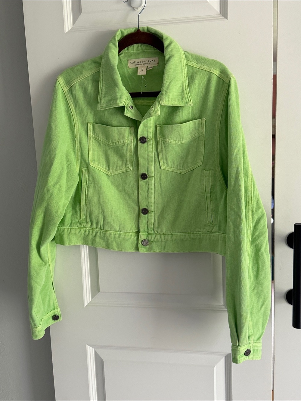Anthro saltwater LUXE Neon Lime Cropped Denim Jacket size small